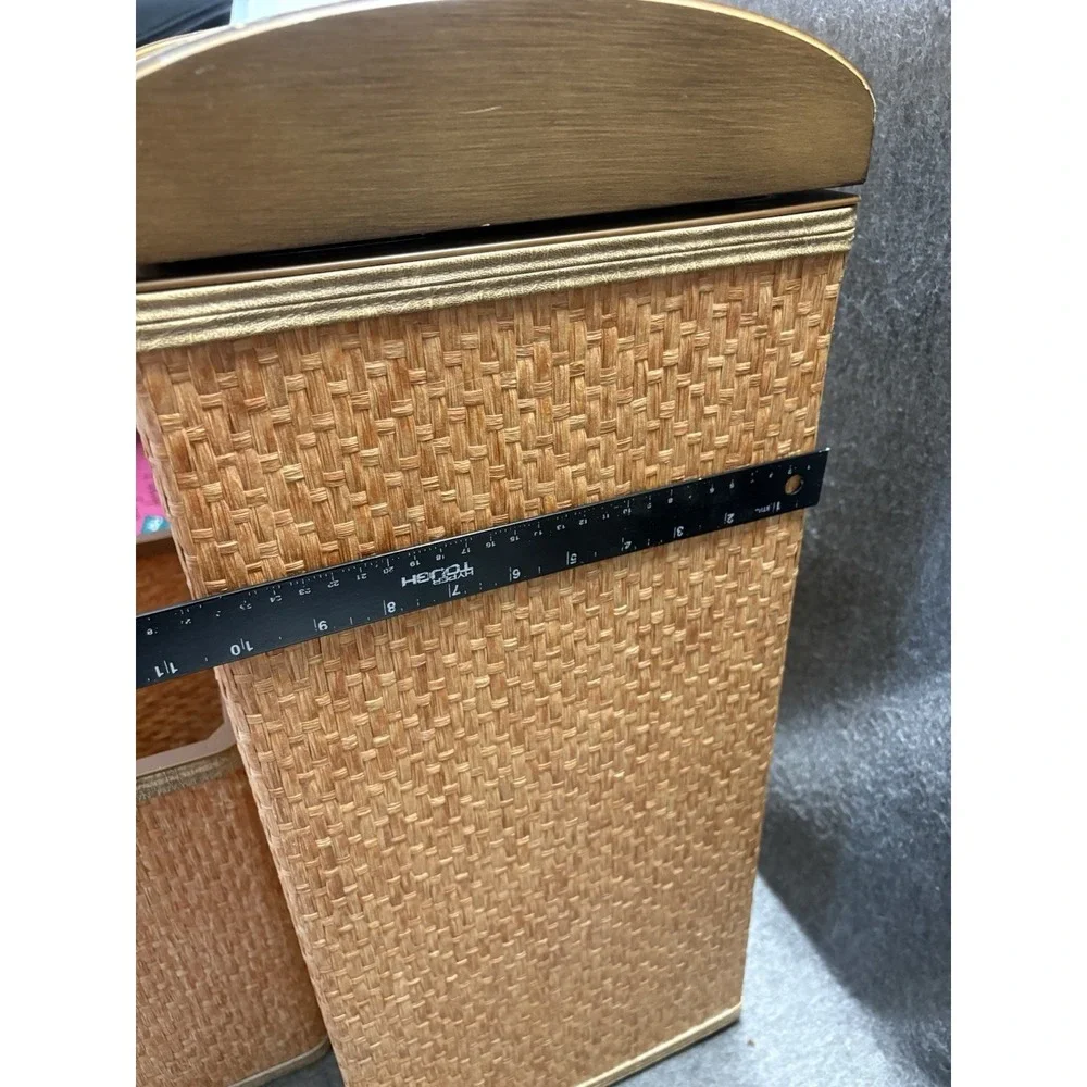 Vintage Vogue Woven Wicker Laundry Hamper MCM Tan Cottage Core Trash Can Basket